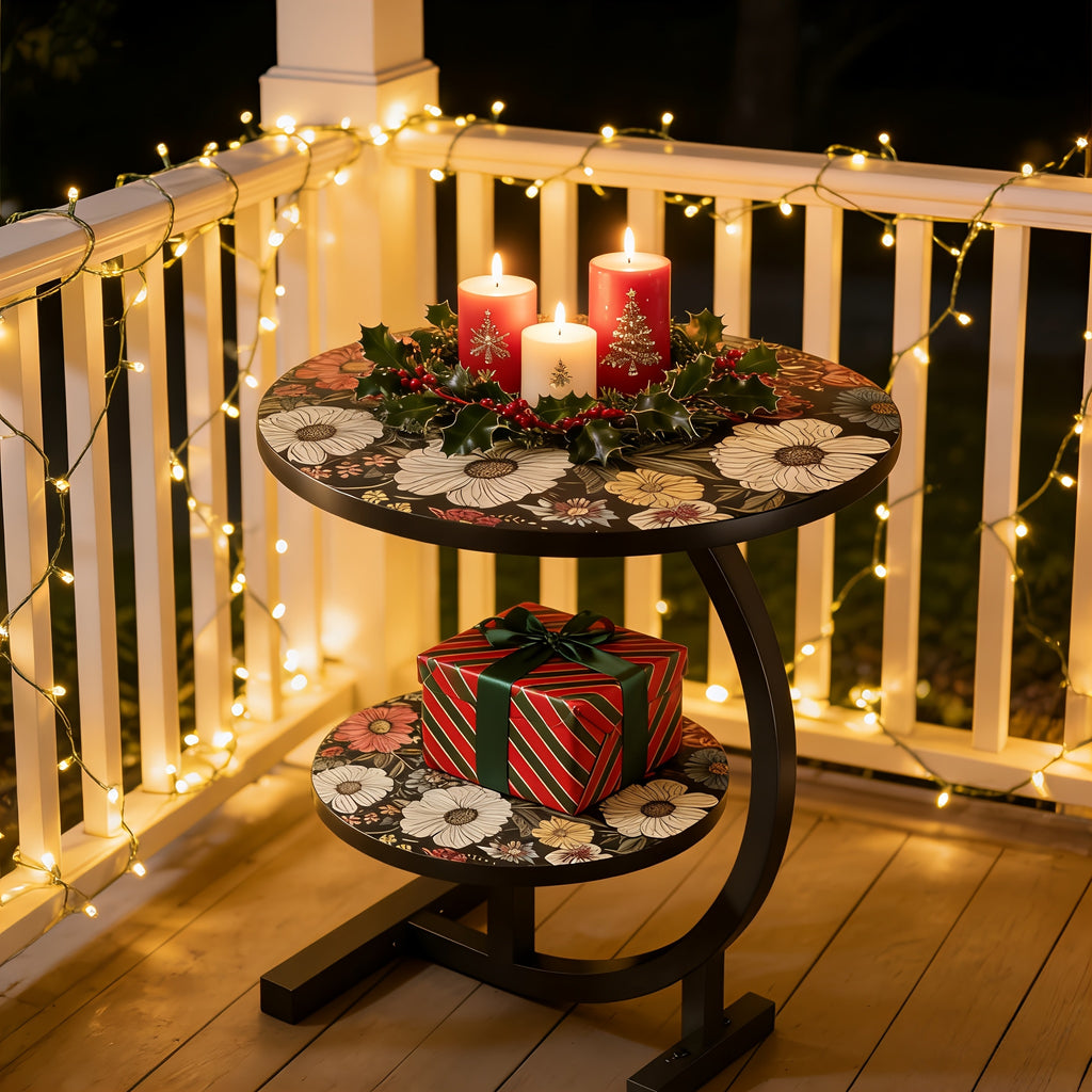 2-Tier Metal Outdoor Side Table, Floral Round Balcony & Patio Table, Sturdy Compact Design, Easy Assembly, for Patio, Courtyard, Balcony & Garden — Multiple Styles