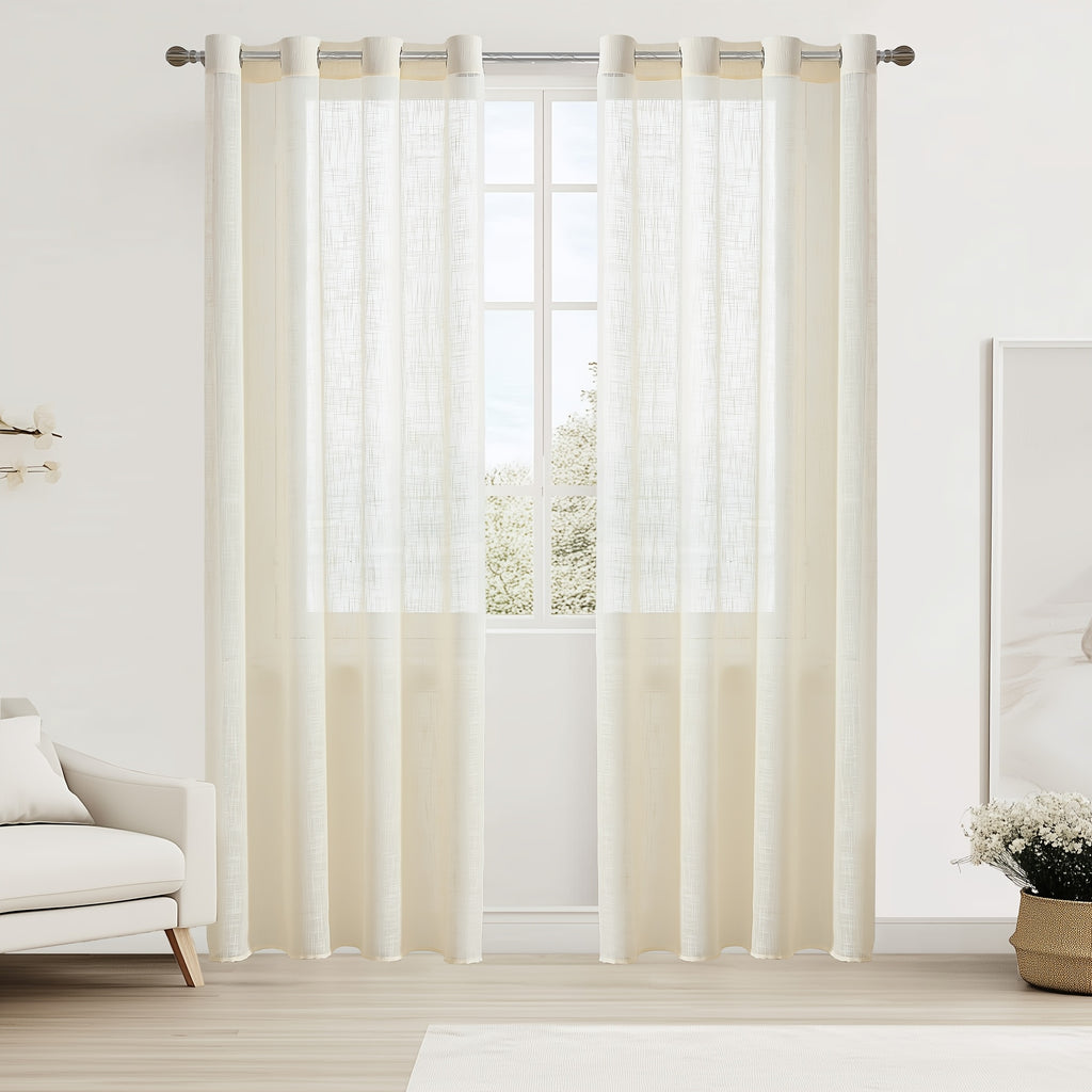 Linen Textured Semi-Sheer Grommet Curtains – Light Filtering Farmhouse Panels | Set of 2