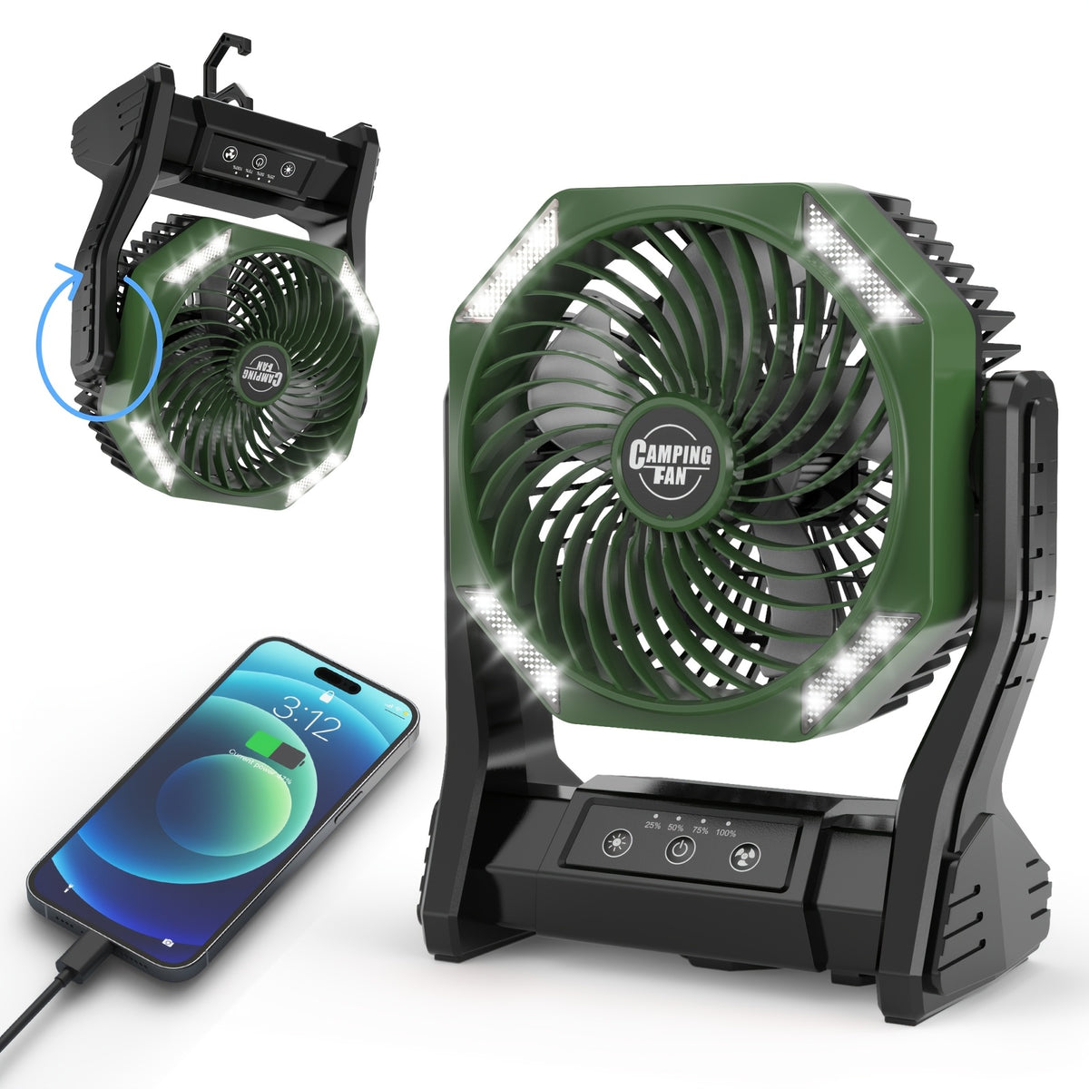 Camping Fan 20000mAh Battery LED Light 4-Speed Brushless Motor 180 Degree Oscillation 22-26H Runtime Portable Rechargeable Outdoor Fan for Camping Hiking Picnic Emergency Power Outage Green