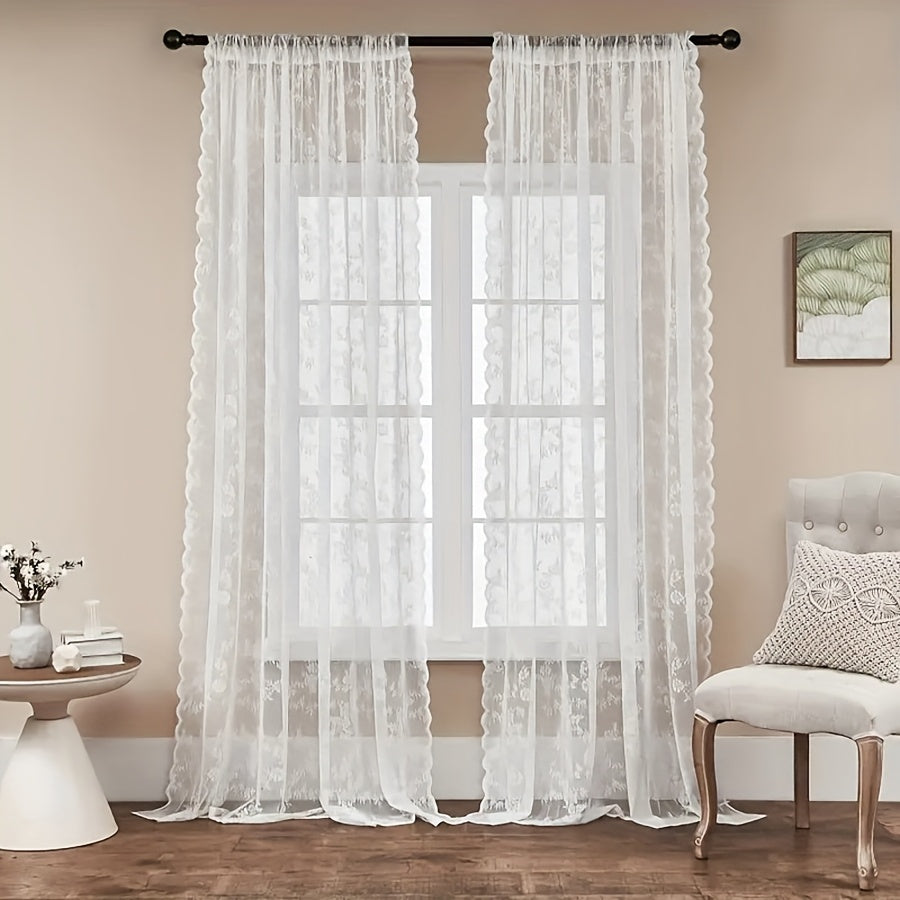 Vintage Lace Door Curtain with Wave Edge – Semi-Sheer Floral Embroidered Rod Pocket Panel for Home, Hallway & Outdoor | White, Black & Green