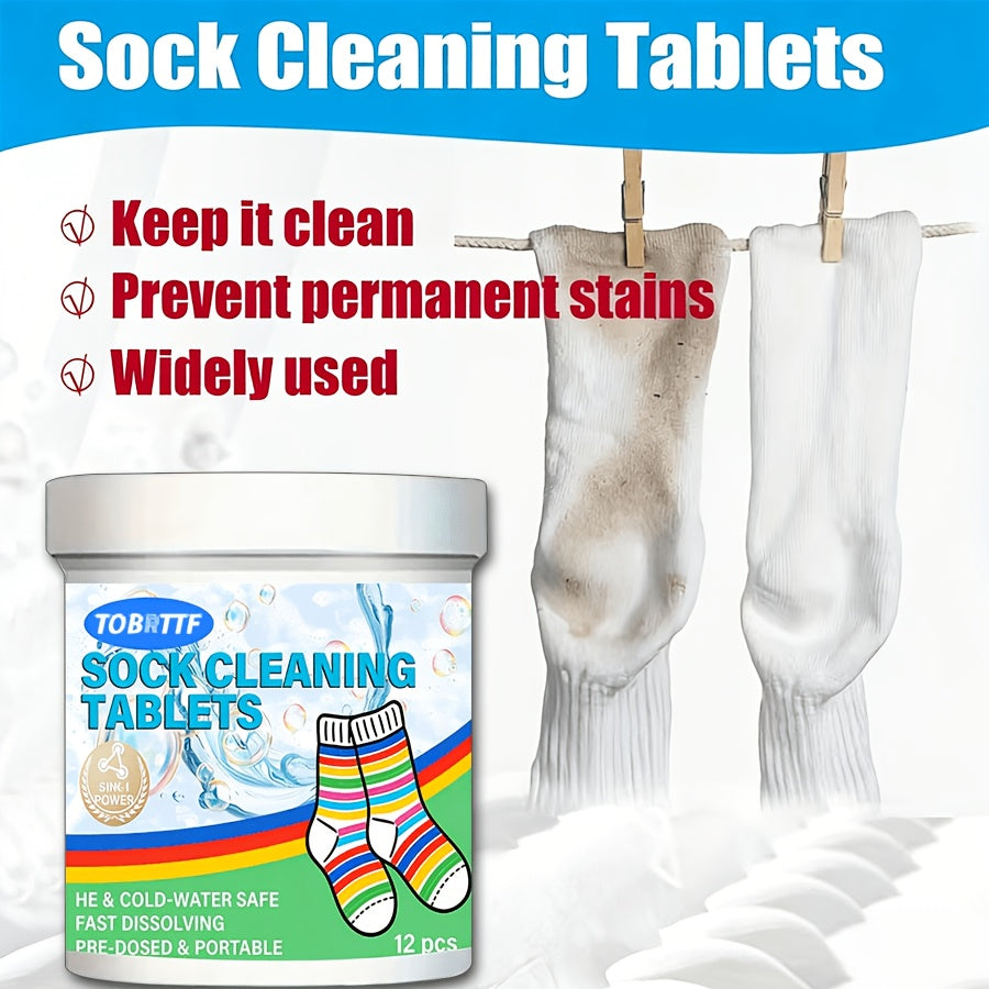 Sock Cleaning Tablets 12pcs Deep-Penetrating Laundry Soak Tabs for Dirty Socks Removes Sweat Stains & Odors No Scrubbing Needed Citric Acid Formula