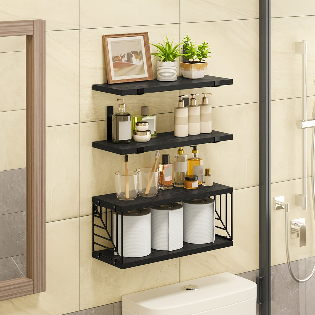 Vintage Wooden Floating Shelves Set of 3 with Guardrail – Wall Mounted Display & Storage Rack for Bedroom, Living Room, Bathroom & Kitchen – Rustic Wood Wall Shelf Multi-Functional Decor