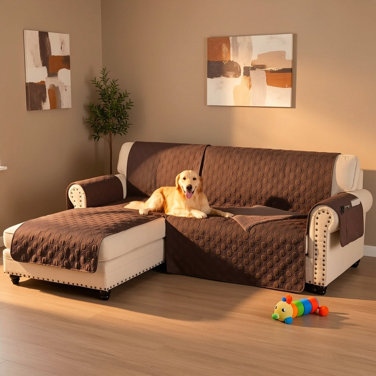 L-Shaped Sectional Sofa Cover 100% Liquid-Resistant Couch Slipcover with Non-Slip Straps for Dogs Cats Pets Left Right Chaise