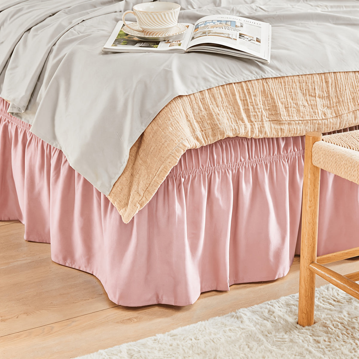 Elastic Wrap Around Bed Skirt No-Lift, 15 Inch Drop Microfiber Dust Ruffle, 30 Fade-Resistant Colors, Machine Washable, Twin Full Queen King Size