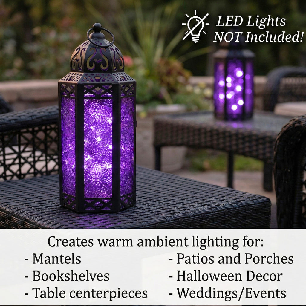 Moroccan Candle Lantern Holder Medium 10.5 Inch – Handcrafted Glass Iron Metal Lantern with Embossed Floral Panels, 17 Colors, Indoor Outdoor Use for Ramadan, Wedding, Patio, Diwali & Home Decor