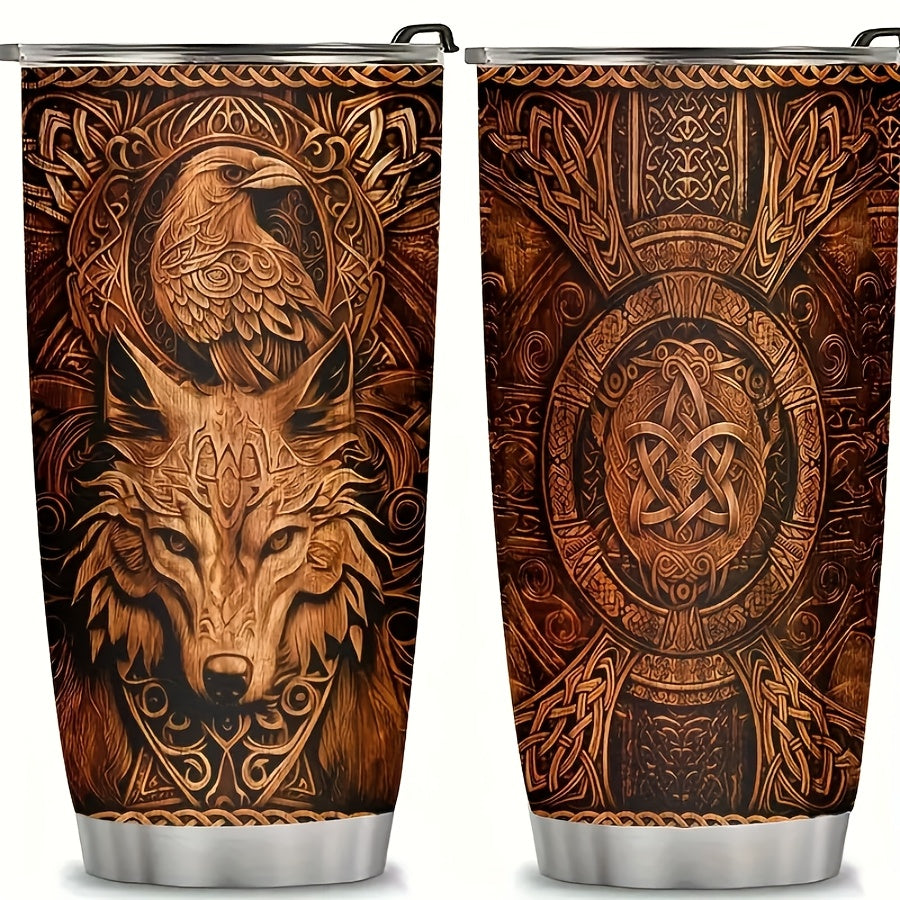 Viking Tumbler 20oz Insulated Stainless Steel - Wolf & Eagle Design Travel Cup with Straw & Lid, Durable Brown Tumbler for Car, Office & Camping, Viking Gift for Men & Women