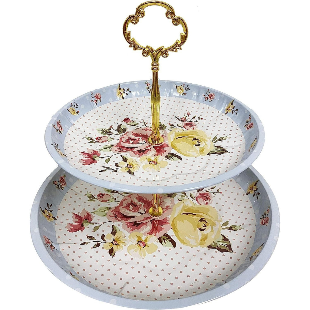 2 Tier Floral Metal Cake Stand Dessert Tower - Vintage Pastry Cupcake Serving Tray for Tea Party, Baby Shower, Birthday & Wedding Table Centerpiece Decoration