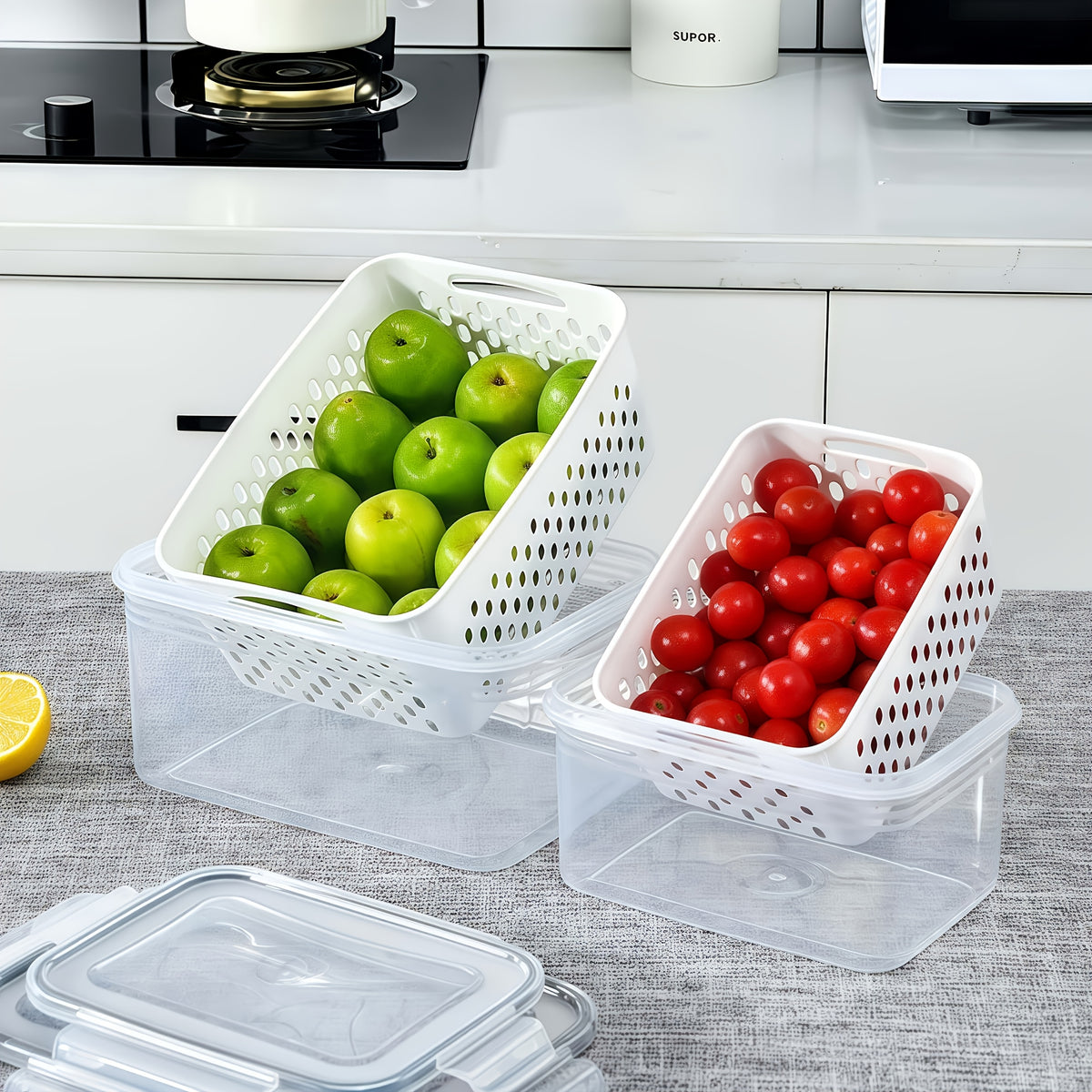 Plastic Food Storage Containers with Drain Baskets & Lids – Leak-Proof Freezer-Safe Reusable Kitchen Boxes for Fruits & Food (6-Piece or 9-Piece Set)