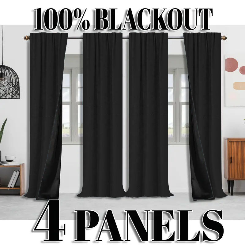 Blackout Curtains 4 Panel Set Rod Pocket – 100% Thermal Insulated Noise Reducing Solid Polyester, Laminated Lining, 7 Colors 7 Sizes