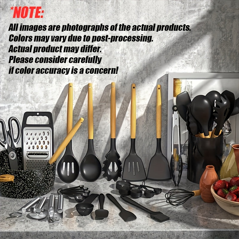 35/36-Piece Silicone Kitchen Utensils Set with Rack & Wooden Handles – Heat Resistant Cooking Tools for Non-Stick Pans | Complete Kitchen Utensil Set