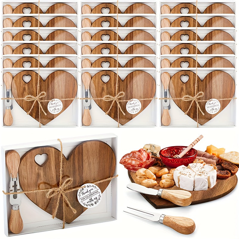 Heart-Shaped Mini Charcuterie Board & Cheese Knives Gift Set – Wood Bridal Shower Favor, Wedding Gift & Party Thank-You Box | Acacia & Bamboo | 6 or 12 Sets