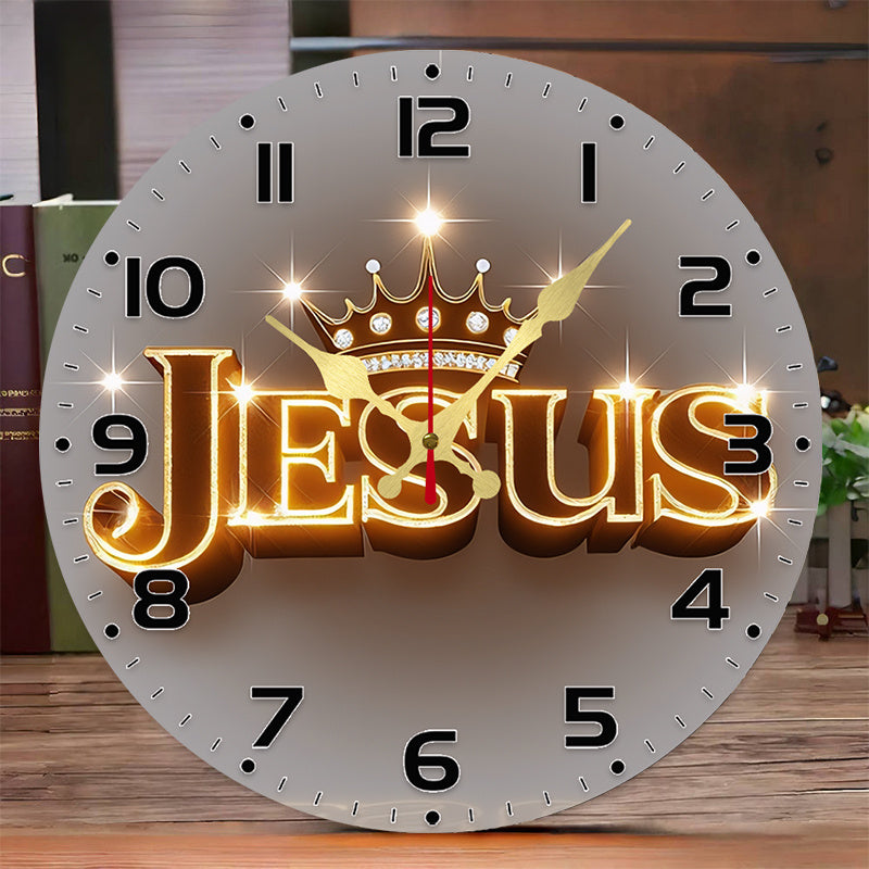 10-Inch Silent Wall Clock with Golden Crown Design – Round Wooden Frameless Battery Operated Decorative Clock for Living Room, Bedroom, Kitchen & Office, Aesthetic Religious Gift