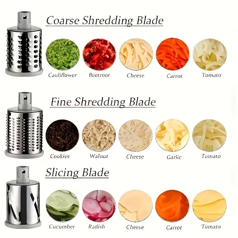 3-in-1 Manual Rotating Cheese & Vegetable Slicer with Interchangeable Drum – Handheld Stainless Steel Grater, Peeler & Chopper for Potatoes, Carrots, Cheese | Camping & Kitchen Use