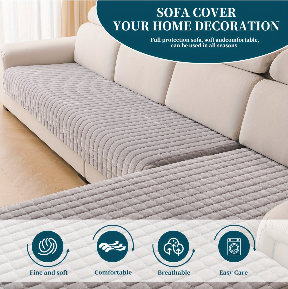Quilted Short Plush Sofa Protector Set of 2 Ultra Soft Thick Non-Slip Sofa Mat – Pet Friendly, Machine Washable, Fits 3-Seater Sofa, Chaise & Bed Chair, Contemporary Home Decor