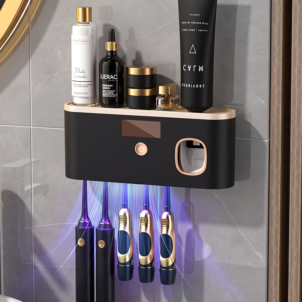 Automatic Toothpaste Dispenser Wall-Mounted with 5-Slot Toothbrush Holder, USB Rechargeable Smart Toothbrush Sanitizing Stand — Bathroom Organizer for Home, White & Black Gold