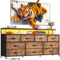 55" Wide Dresser for Bedroom with 10 Drawers, LED Lights & Power Outlets – Long Storage Chest, TV Stand up to 65", Metal Frame + Wood Top, Built-in Charging Station, Tiger Print / Black Wood Grain