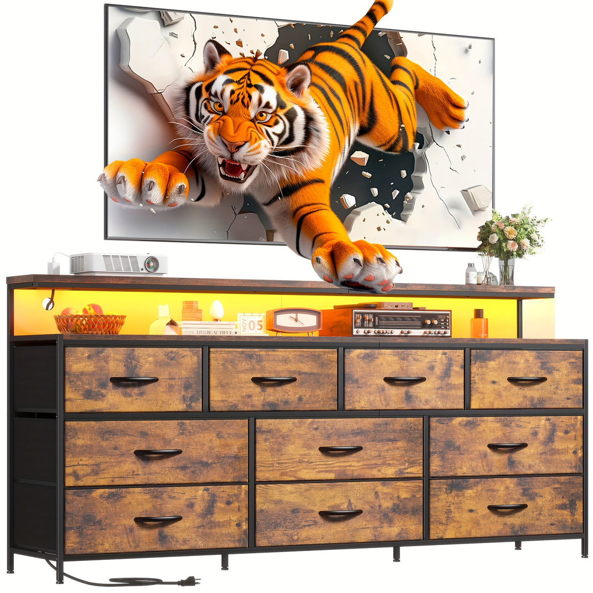 55" Wide Dresser for Bedroom with 10 Drawers, LED Lights & Power Outlets – Long Storage Chest, TV Stand up to 65", Metal Frame + Wood Top, Built-in Charging Station, Tiger Print / Black Wood Grain