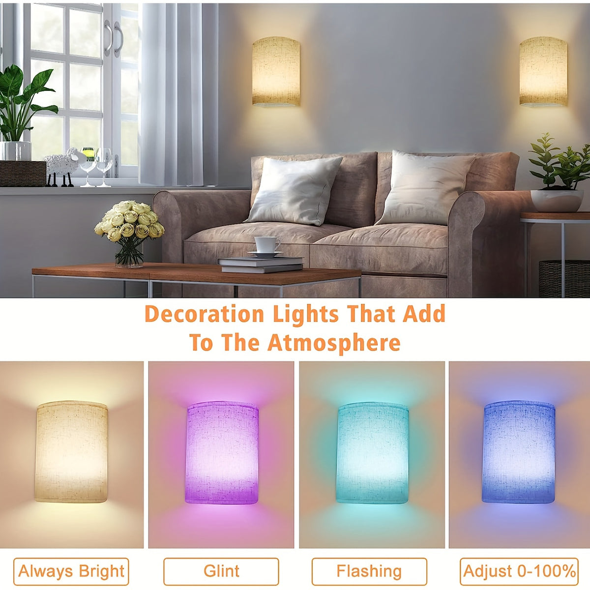 LED Wall Sconce Set of 2 Battery-Powered RGBW Dimmable - Linen Fabric Shade, Remote Control, No Wiring, for Bedroom Living Room Hallway Decor | Nuvia Haven