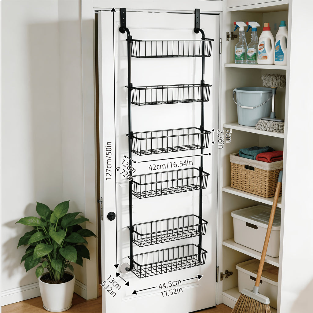 Over The Door Pantry Organizer 6 or 8-Tier, Metal Hanging Storage Shelf with Adjustable Baskets, Spice Rack for Kitchen, Pantry, Laundry & Bathroom, Door Mounted Utility Rack, Black or White