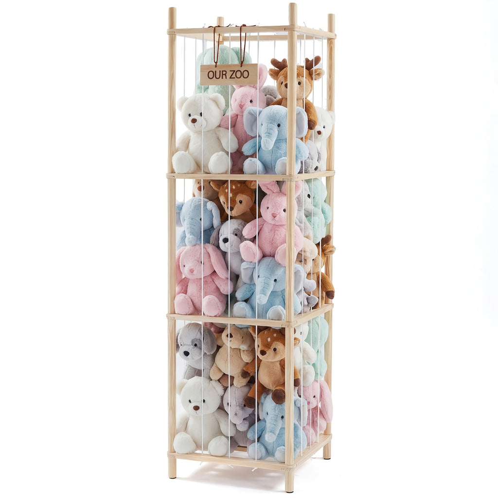Wooden Stuffed Animal Storage Organizer for Kids, Large Plush Toy Zoo Holder, Space-Saving Corner Rack for Playroom, Bedroom, Nursery & Kids Room, Natural Wood Finish