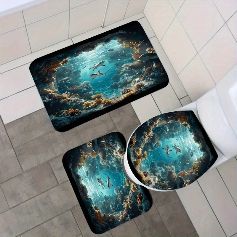 4pcs Shark Ocean Bathroom Set Shower Curtain 71x71 Inch Toilet Lid Cover U-Shape Mat - Underwater Cave Beach Theme Bath Decor for Kids Adults | Nuvia Haven