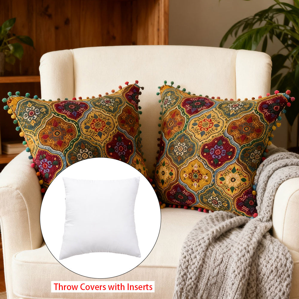 2-Pack Turkish Moroccan Throw Pillows with Inserts Reversible Floral Boho Decorative Pillow 18x18 Inch Polyester Square Cushion Zip Cover for Sofa Couch Bedroom Living Room 7 Colors