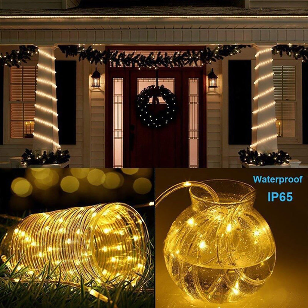 Solar String Lights Outdoor 36FT 100 LED with 8 Lighting Patterns, Waterproof Solar Powered Fairy Lights for Patio, Garden, Trail, Pool, RV, Aquarium, Christmas & Halloween Decoration, Multicolor Warm White