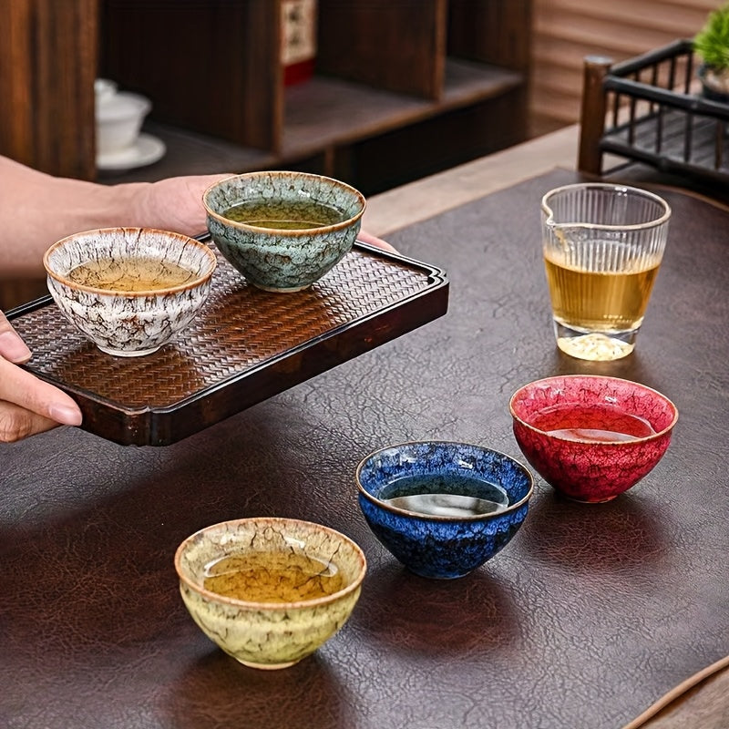Handmade Kiln-Fired Ceramic Kung Fu Tea Cups Set of 5 – Jianzhan Style Five-Element Teacups in Five Colors with Gift Box