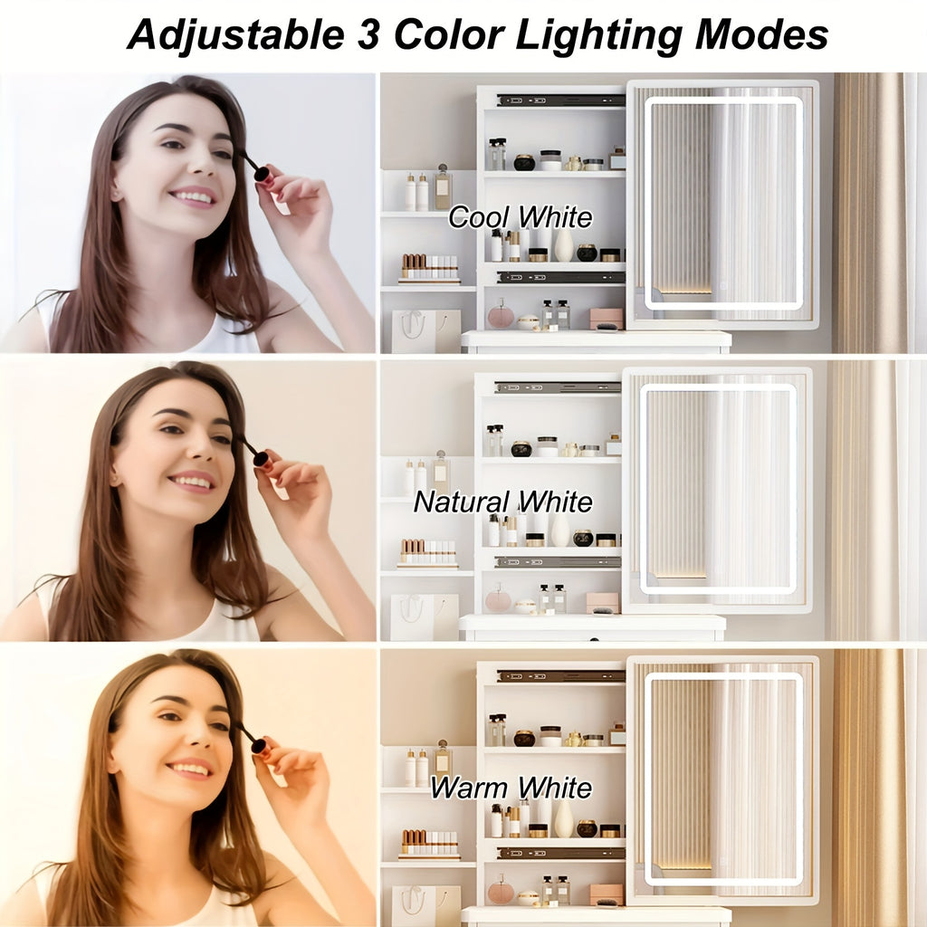 European Makeup Vanity Set with LED Lighting, Sliding Mirror, Drawers & Stool – 3 Color Modes Adjustable Brightness Bedroom Vanity Table White