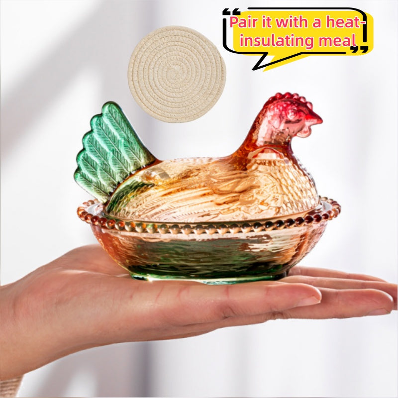 Chicken Shaped Crystal Glass Storage Jar with Lid & Placemat – Candy Colored Decorative Dish for Candy, Snacks, Jewelry & Desktop Decor