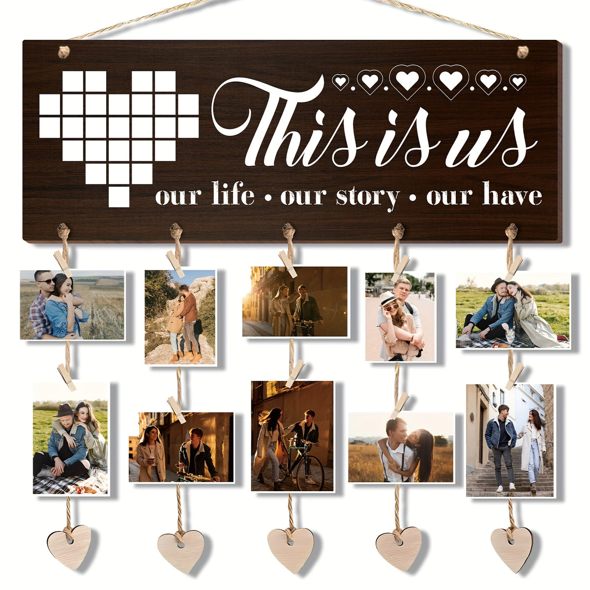 Wooden Hanging Photo Frame "I Love You to the Moon and Back" with 20 Clips, 6 Hemp Ropes & 5 Heart Tags – Romantic Wall Decor Picture Holder Gift for Couples, Anniversary, Wedding, Valentine’s Day & Christmas