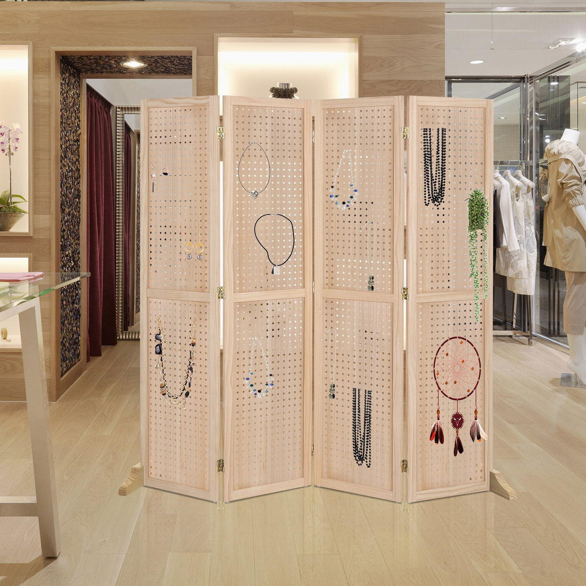 5 FT Freestanding Pegboard Room Divider | Wood Folding Privacy Screen & Display Board Organizer with Support Feet – White, Black, Natural, Grey | Craft Shows, Retail & Home
