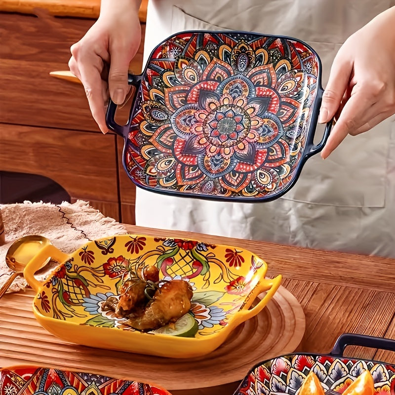 Bohemian Square Plate Set 4 Piece 9 Inch with Handles – Creative Ceramic Fruit & Pasta Dishes Microwave & Oven Safe – Aesthetic Boho Dinnerware Gift