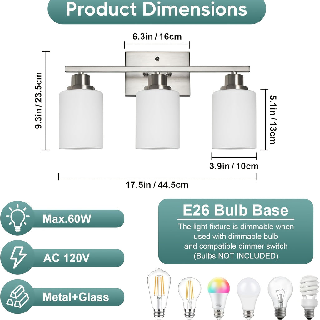3-Light Modern Vanity Light Fixture Wall Sconce with Milk White Glass Shade E26 Socket - Bathroom Mirror Light for Living Room Bedroom Hallway, Golden / Brushed Nickel / Black