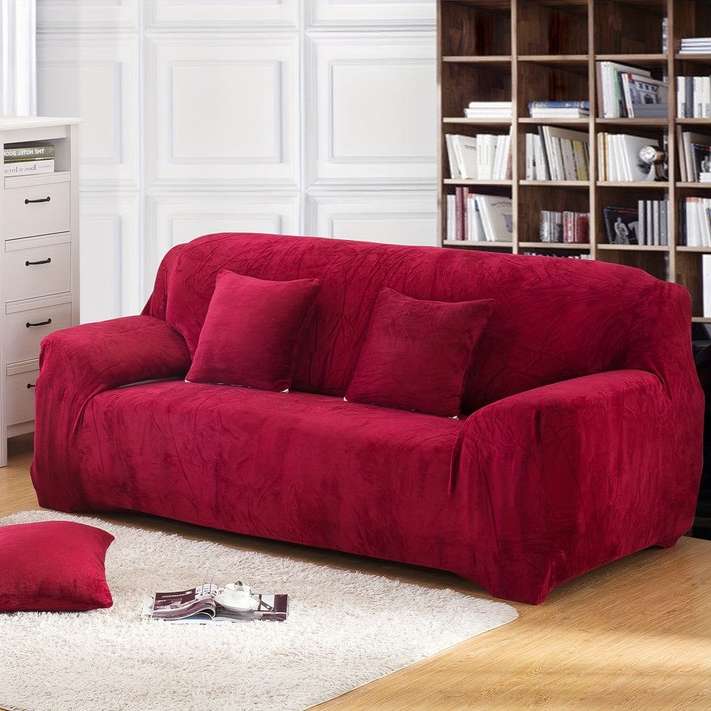 Plush Sofa Slipcover Stretch Thick Couch Cover - Soft Velvet Furniture Protector for Chair Loveseat 3 4 Seater, Anti-Slip Elastic Wrap, Machine Washable, 6 Colors for Living Room