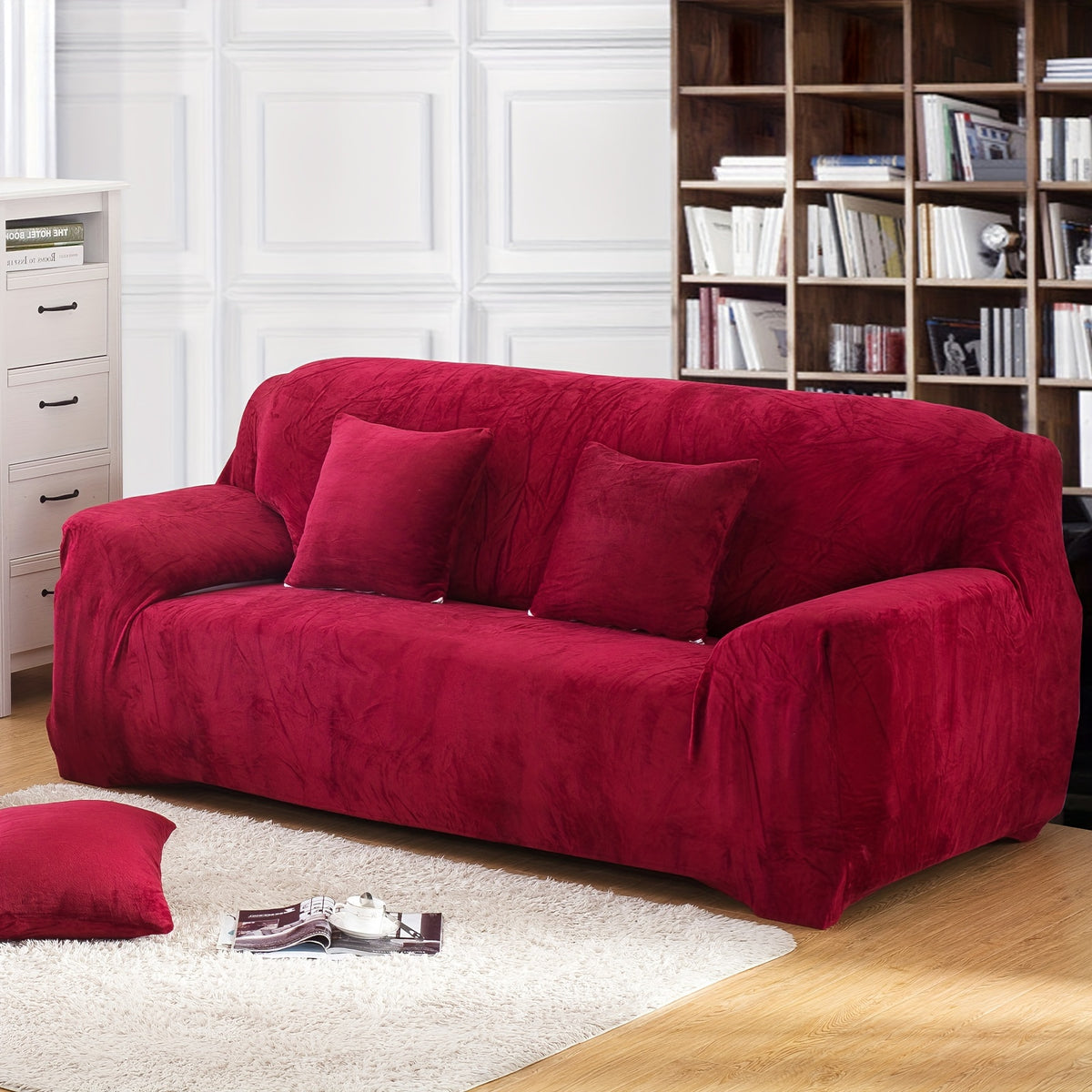 Plush Sofa Slipcover Stretch Thick Couch Cover - Soft Velvet Furniture Protector for Chair Loveseat 3 4 Seater, Anti-Slip Elastic Wrap, Machine Washable, 6 Colors for Living Room
