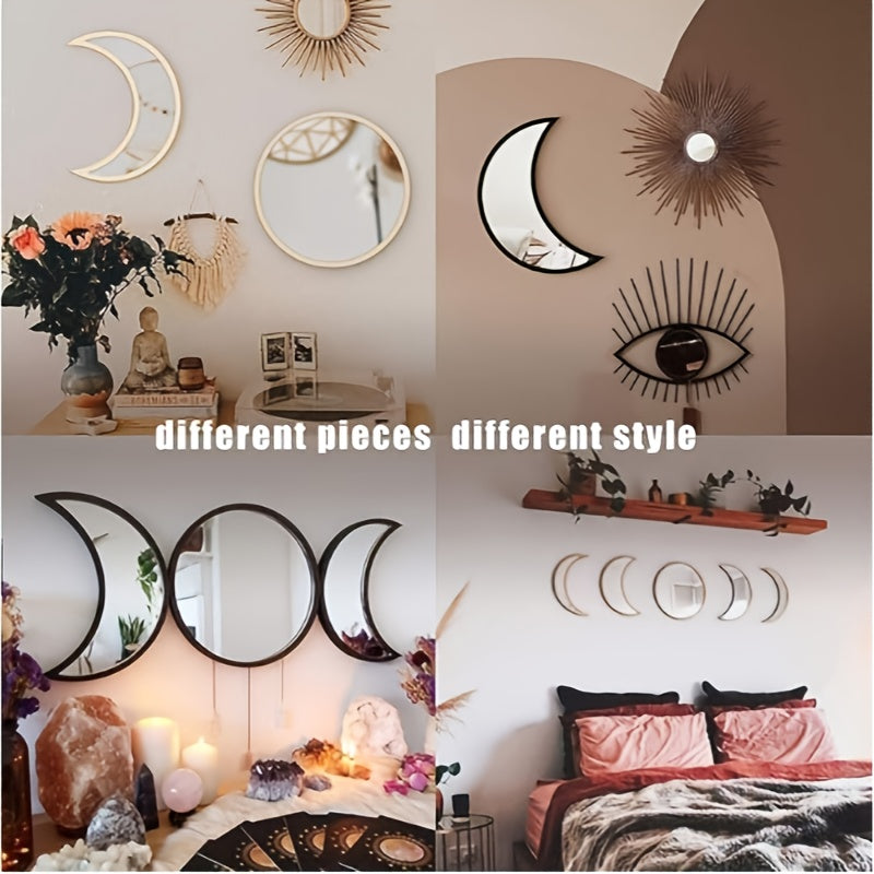 Moon Phase Mirror Set of 5 - Boho Scandinavian Acrylic Wall Mirrors for Living Room, Bedroom and Apartment - Decorative Bohemian Moon Wall Decor for Modern and Minimalist Home