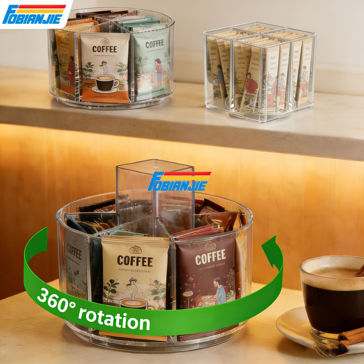 Lazy Susan Organizer Rotating Drink Mix Packet Holder Clear Turntable with Dividers for Powder Packets Water Flavor Packets Pantry Counter