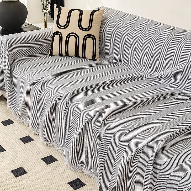 Herringbone Sofa Cover with Tassels – Washable Polyester Throw for 3-Seater, 4-Seater & Large Sofas | Grey, Coffee, Green