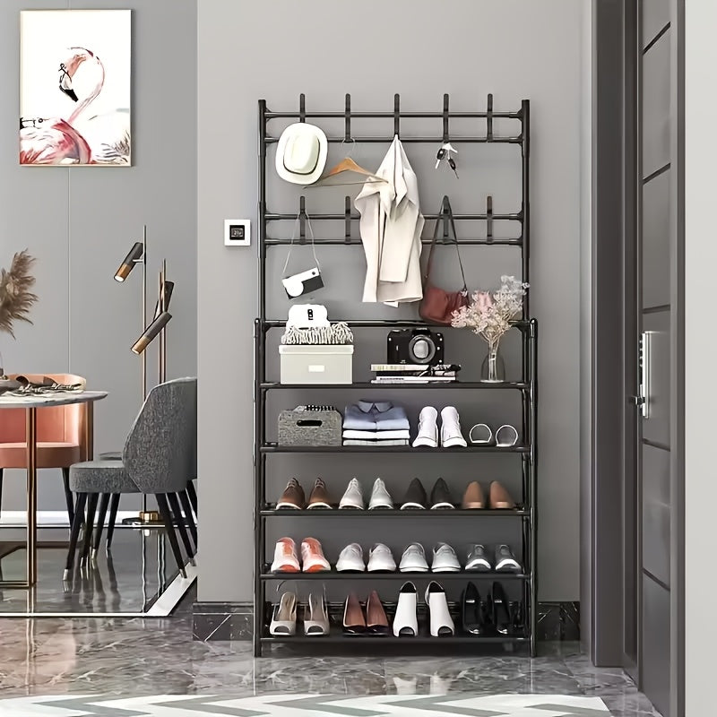 5-Tier Metal Coat Rack with 10 Double Hooks and Shoe Rack – Freestanding Entryway Hall Tree, Space-Saving Clothes Hanger Stand for Hallway, Living Room, Bedroom, Bathroom | Black