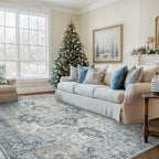 Vintage Retro Area Rug – Machine Washable Non-Slip Low Pile Chenille Print Carpet for Living Room, Bedroom, Dining Room & Home Office, Blue, Multiple Sizes