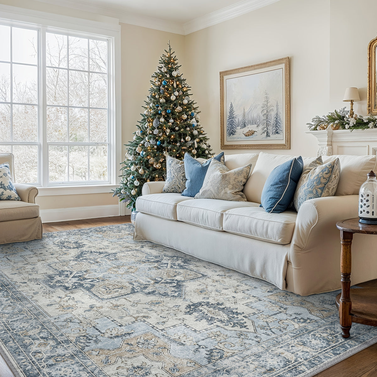 Vintage Retro Area Rug – Machine Washable Non-Slip Low Pile Chenille Print Carpet for Living Room, Bedroom, Dining Room & Home Office, Blue, Multiple Sizes