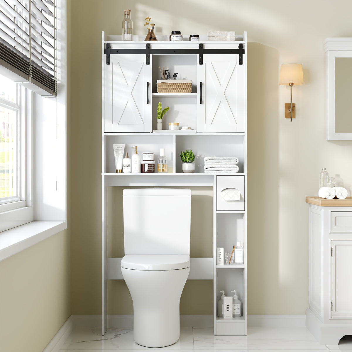 Farmhouse Over Toilet Cabinet with Sliding Doors Engineered Wood Adjustable Shelf Toilet Paper Holder Stand Space Saving Bathroom Storage No Wall Mount Multiple Colors