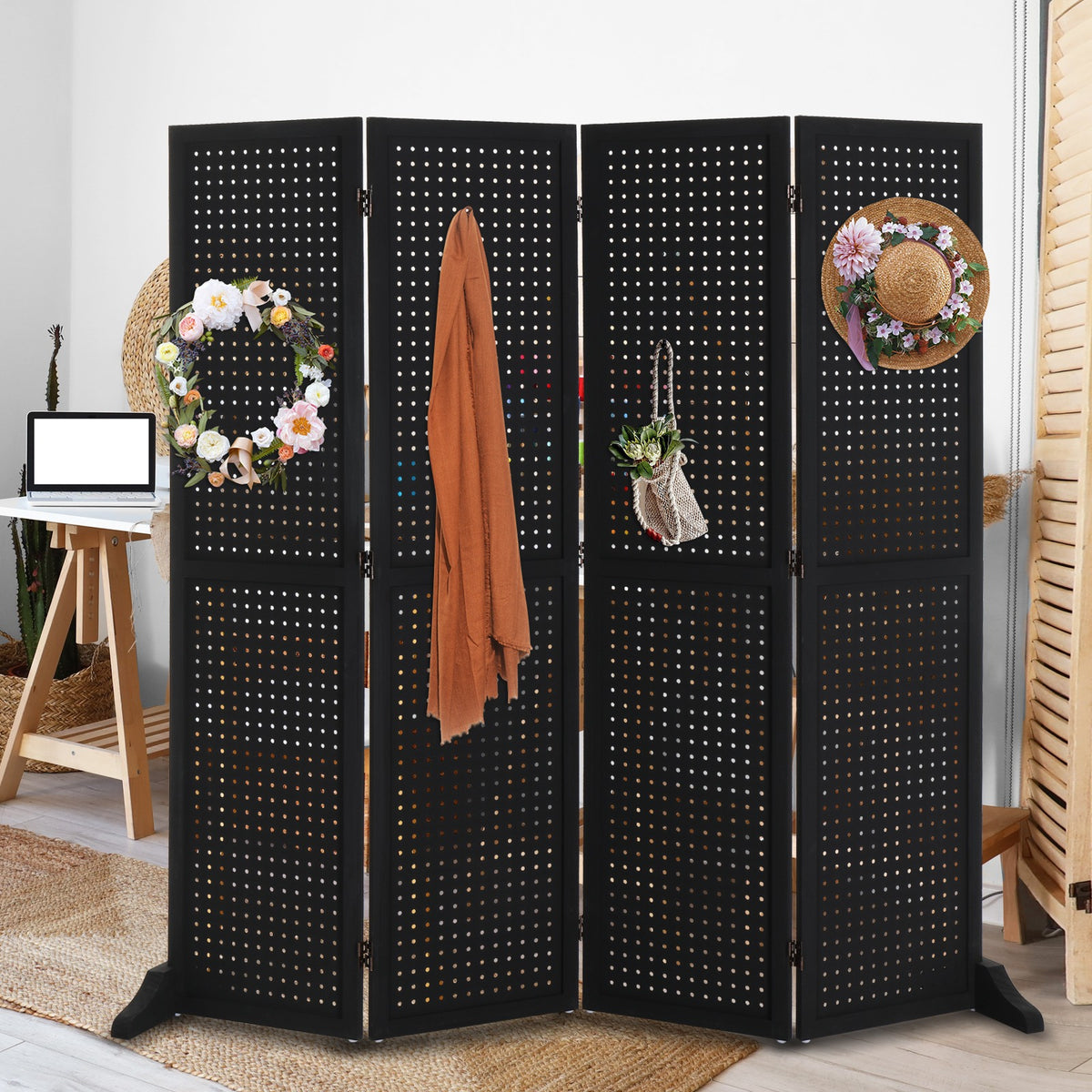 5 FT Freestanding Pegboard Room Divider | Wood Folding Privacy Screen & Display Board Organizer with Support Feet – White, Black, Natural, Grey | Craft Shows, Retail & Home