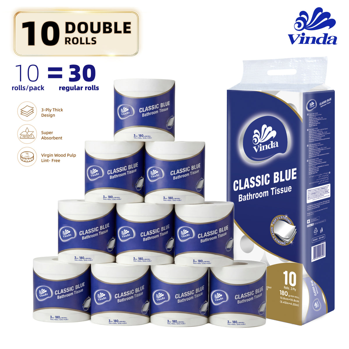 3-Ply Toilet Paper 10 Rolls Pack – 100% Virgin Wood Pulp Bathroom Tissue, Soft & Strong, No Lint, Septic Safe, Fluorescent-Free, 180g per Roll