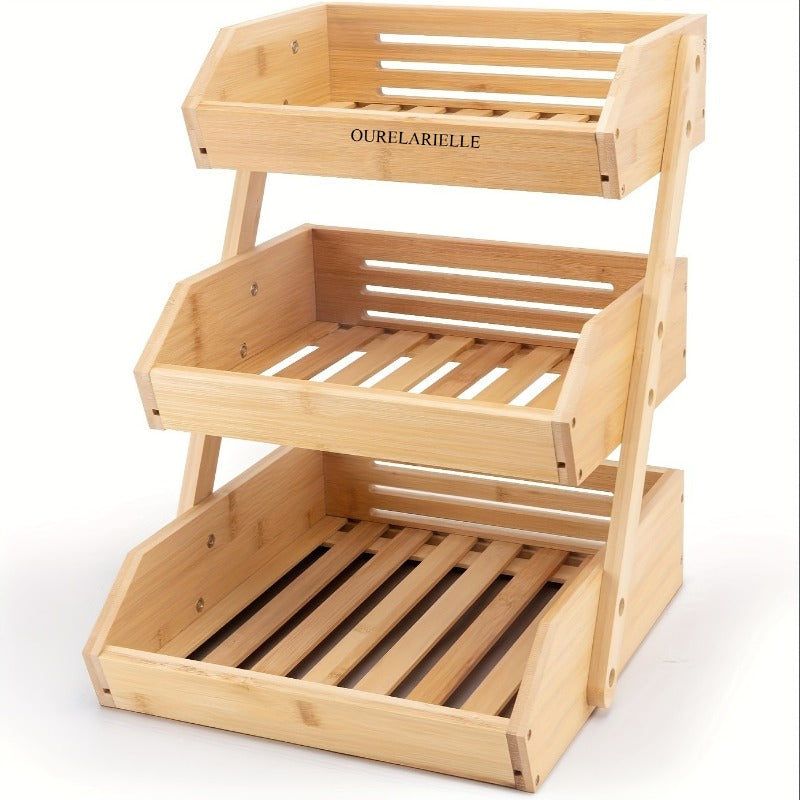 3 Tier Bamboo Fruit Basket Rack Large Capacity Countertop Kitchen Storage for Fruits Vegetables & Bread – Natural Wood Ventilated Design