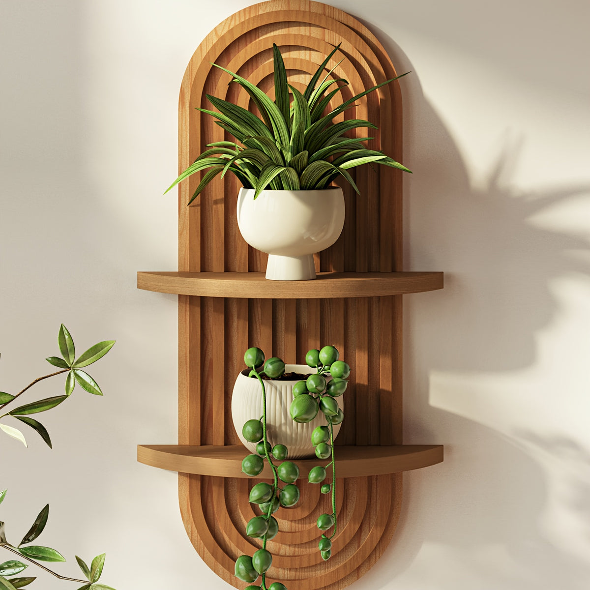 Boho Farmhouse Wood Floating Wall Shelves – 2-Layer Arc Design Wall-Mounted Storage Rack for Books, Plants & Decor in Bedroom, Bathroom, Kitchen & Living Room