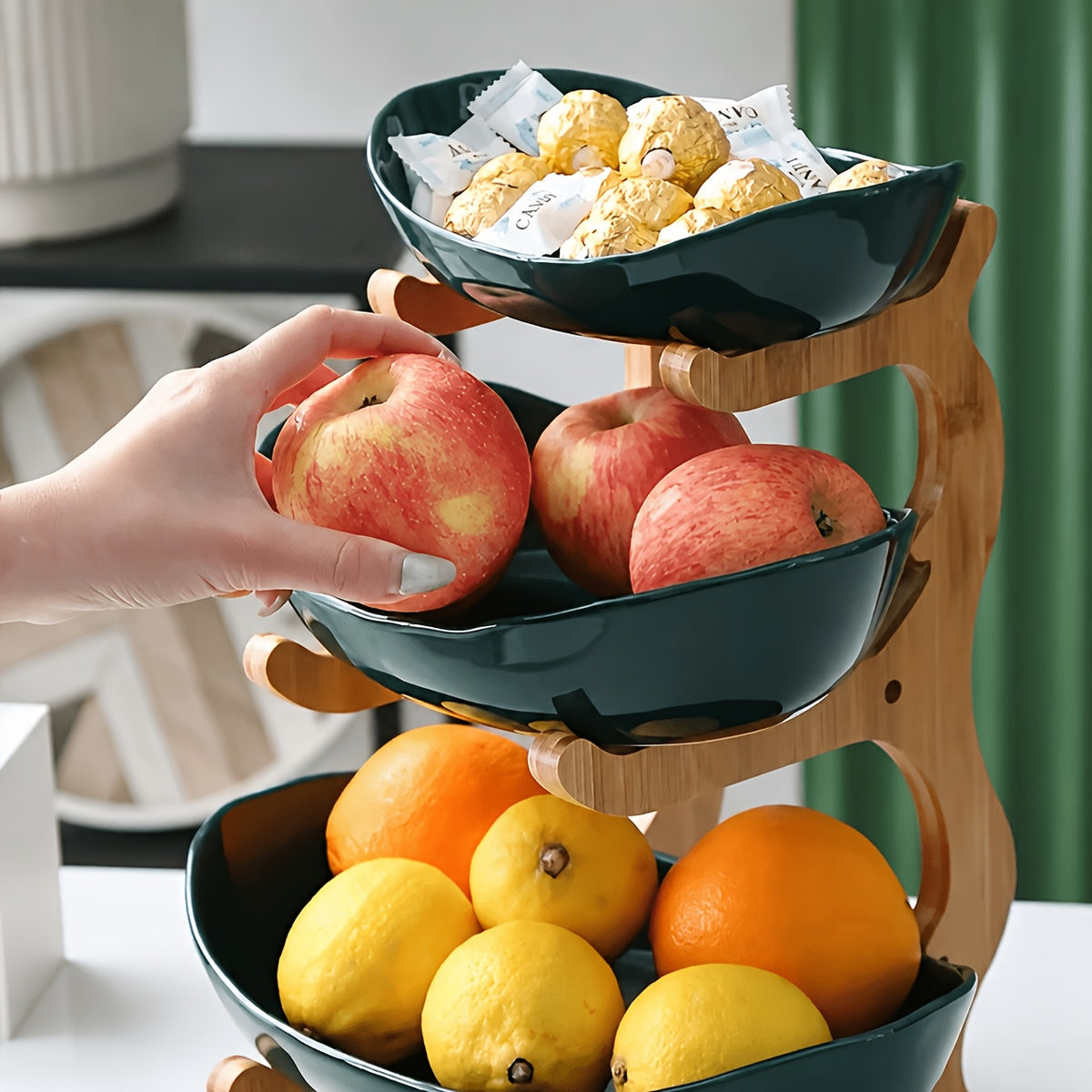 Tiered Fruit Basket Bowl 2-3 Layer Bamboo Wood Stand Kitchen Counter Serving Tray Snack Candy Plate with Fork European Style
