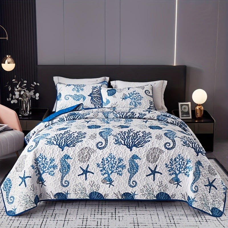Ocean Style Quilt Cover Set 3pcs - Seahorse and Coral Pattern Bedspread with 2 Pillowcases Machine Washable All Seasons Soft Breathable Bedding for Bedroom and Dorm