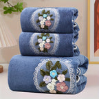 Embroidered Flower Towel Set 3 Piece – Soft Absorbent Bath Towel & 2 Face Towels – Skin-Friendly Polyester Blend, Home & Beach Use, White, Blue, Pink, Gray